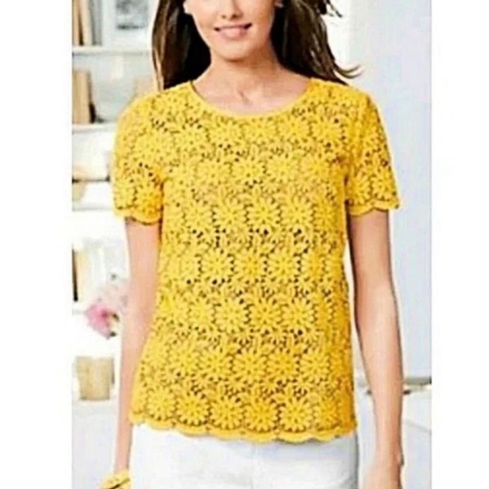 Talbots Women’s bright Yellow Floral short sleeve tan Lace Blouse size 16 EUC